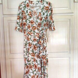 Happy x Nature Short Sleeve, Wrap Skirt w/Pockets, Midi Floral Dress, Sz Lg, NWT